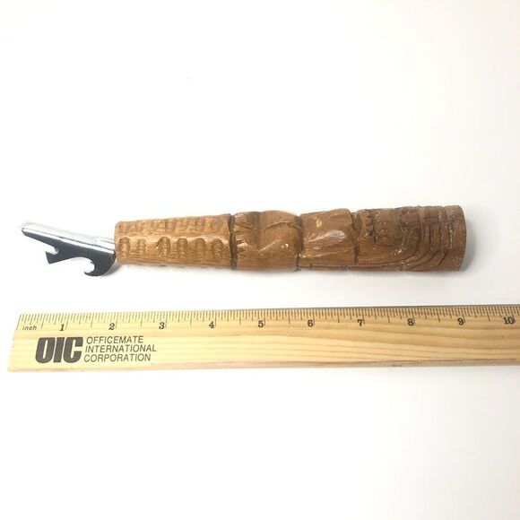 vintage wooden hand carved tiki man hand held bottle opener 9 inches tiki bar - Picture 7 of 7